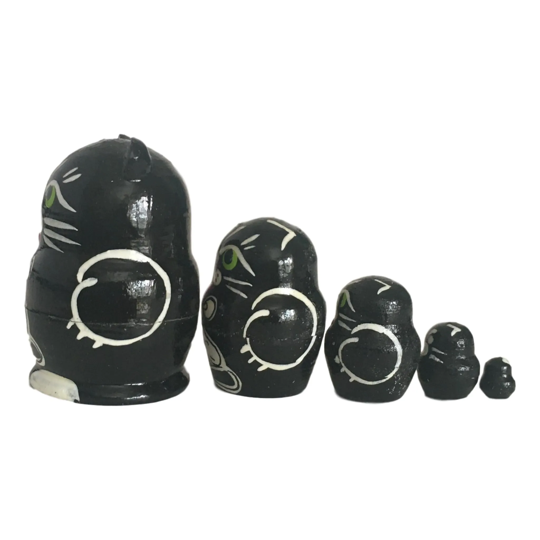 Black Cat with White Mouse Miniature Nesting Dolls Set