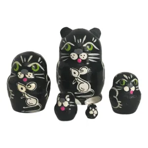 Black Cat with White Mouse Miniature Nesting Dolls Set