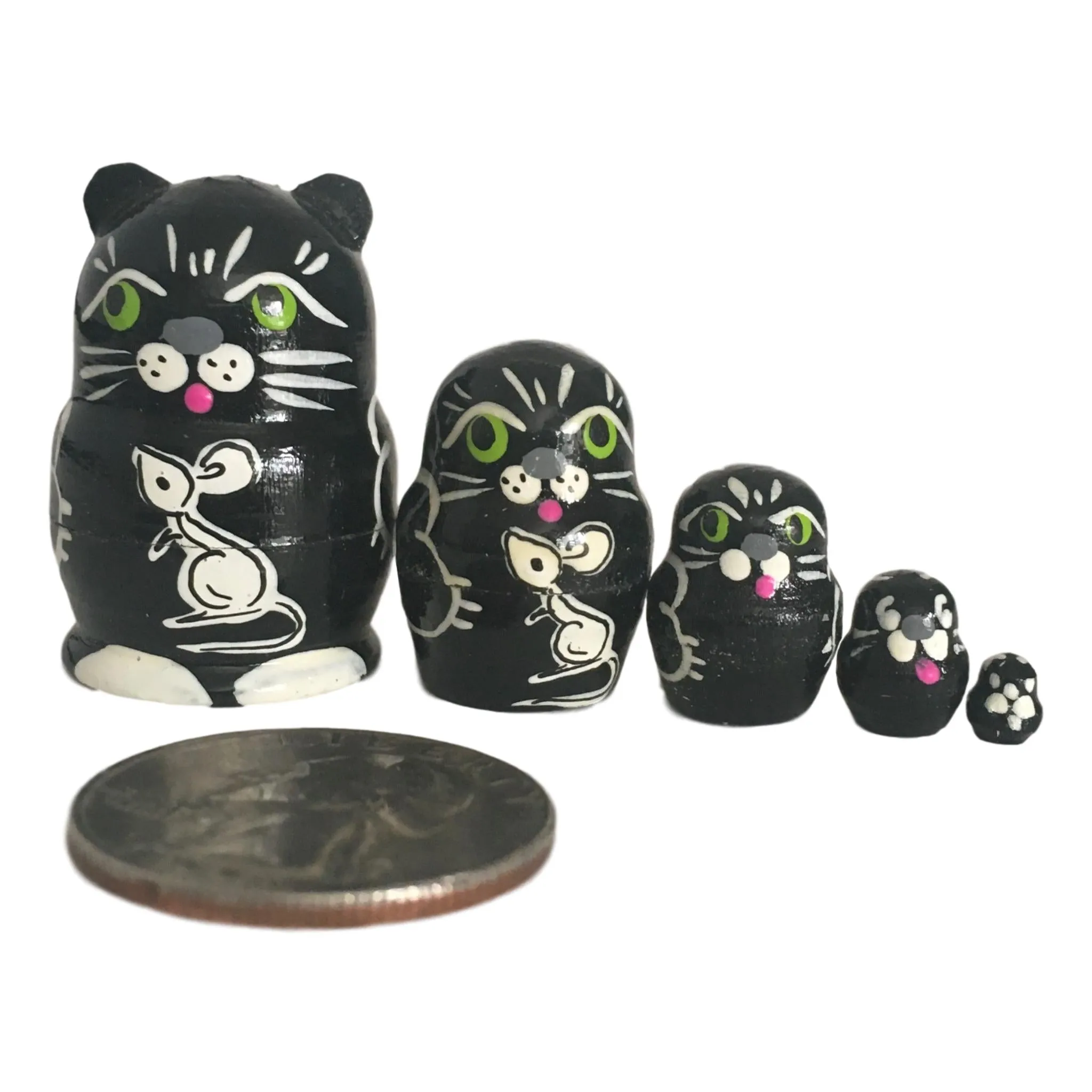 Black Cat with White Mouse Miniature Nesting Dolls Set