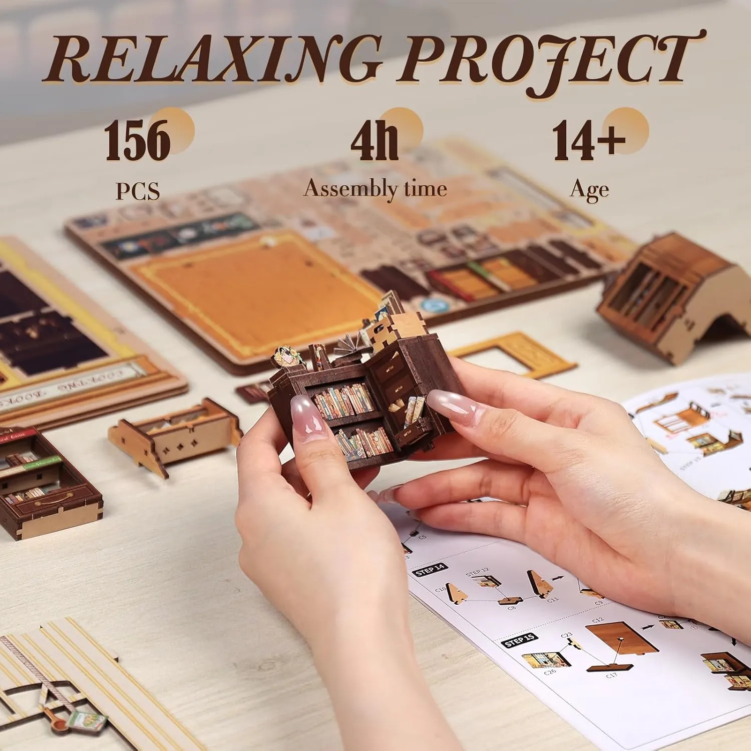Book Nook Kit - DIY Miniature Dollhouse Kit 3D Puzzles for Adult Beginners Tiny House Mini nationally lofty combustible crater Booknook Craft Bookshelf Decor, 156 Wooden Pieces, Gifts for Women Teenagers (Cooking Bookstore) Fsolis 
