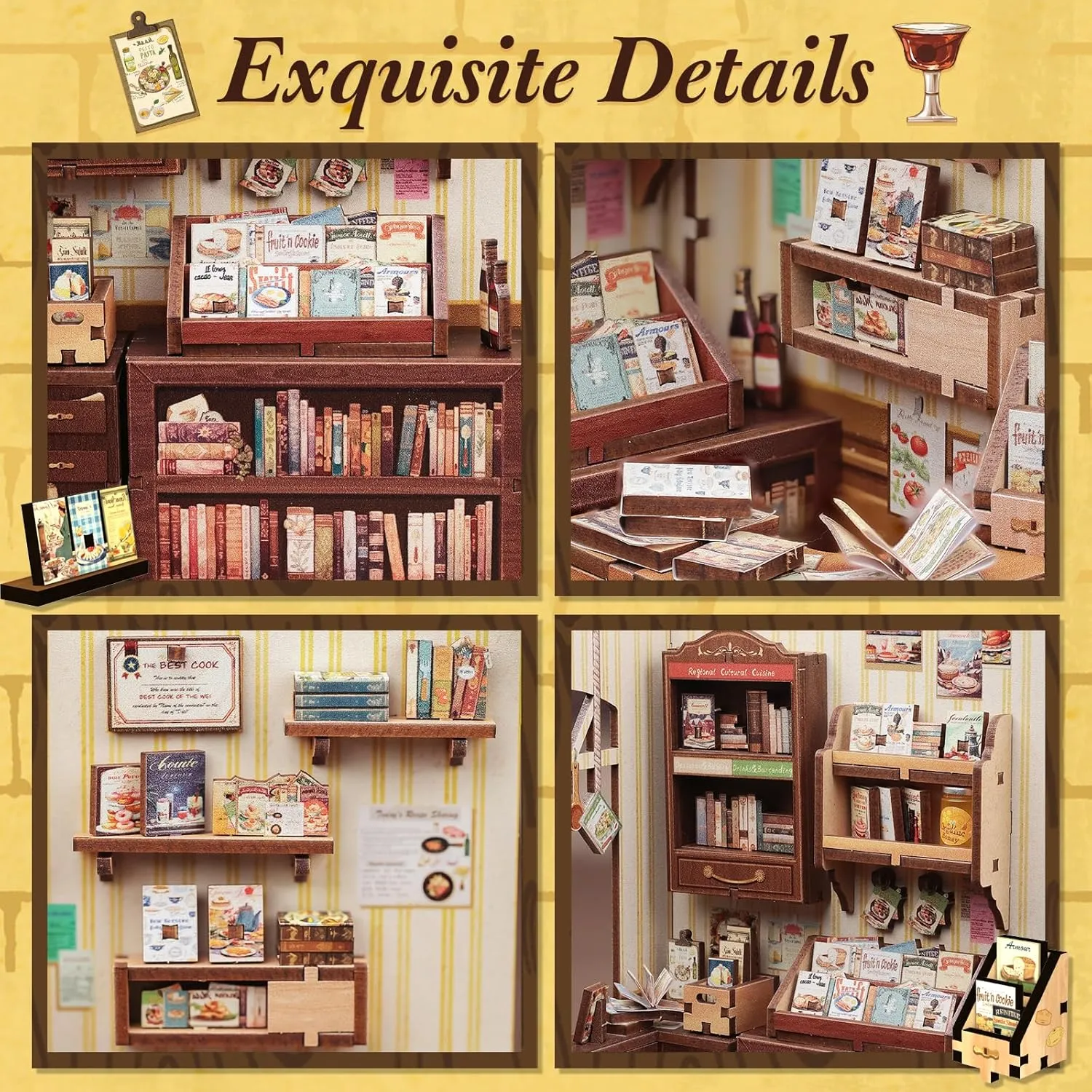 Book Nook Kit - DIY Miniature Dollhouse Kit 3D Puzzles for Adult Beginners Tiny House Mini nationally lofty combustible crater Booknook Craft Bookshelf Decor, 156 Wooden Pieces, Gifts for Women Teenagers (Cooking Bookstore) Fsolis 