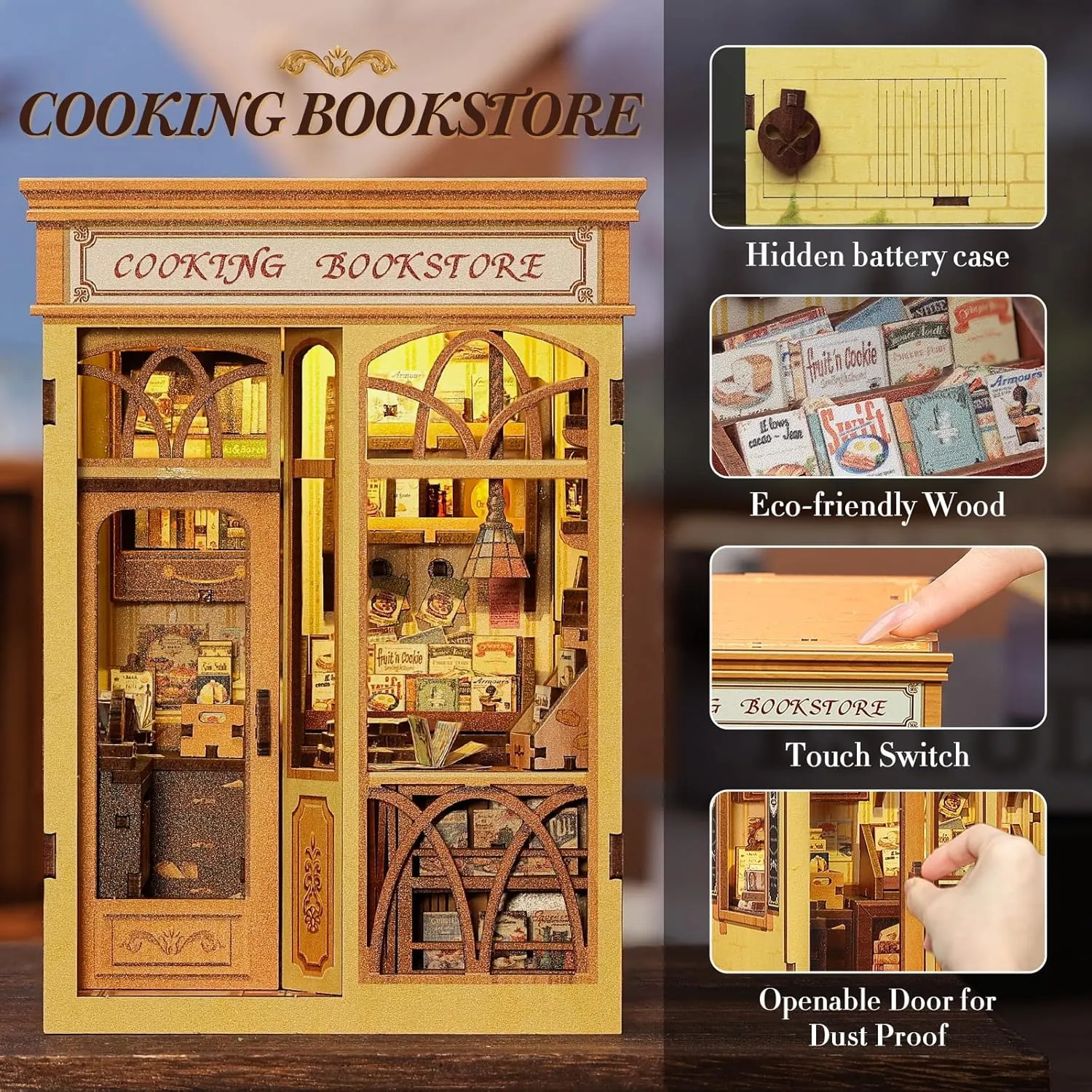 Book Nook Kit - DIY Miniature Dollhouse Kit 3D Puzzles for Adult Beginners Tiny House Mini nationally lofty combustible crater Booknook Craft Bookshelf Decor, 156 Wooden Pieces, Gifts for Women Teenagers (Cooking Bookstore) Fsolis 