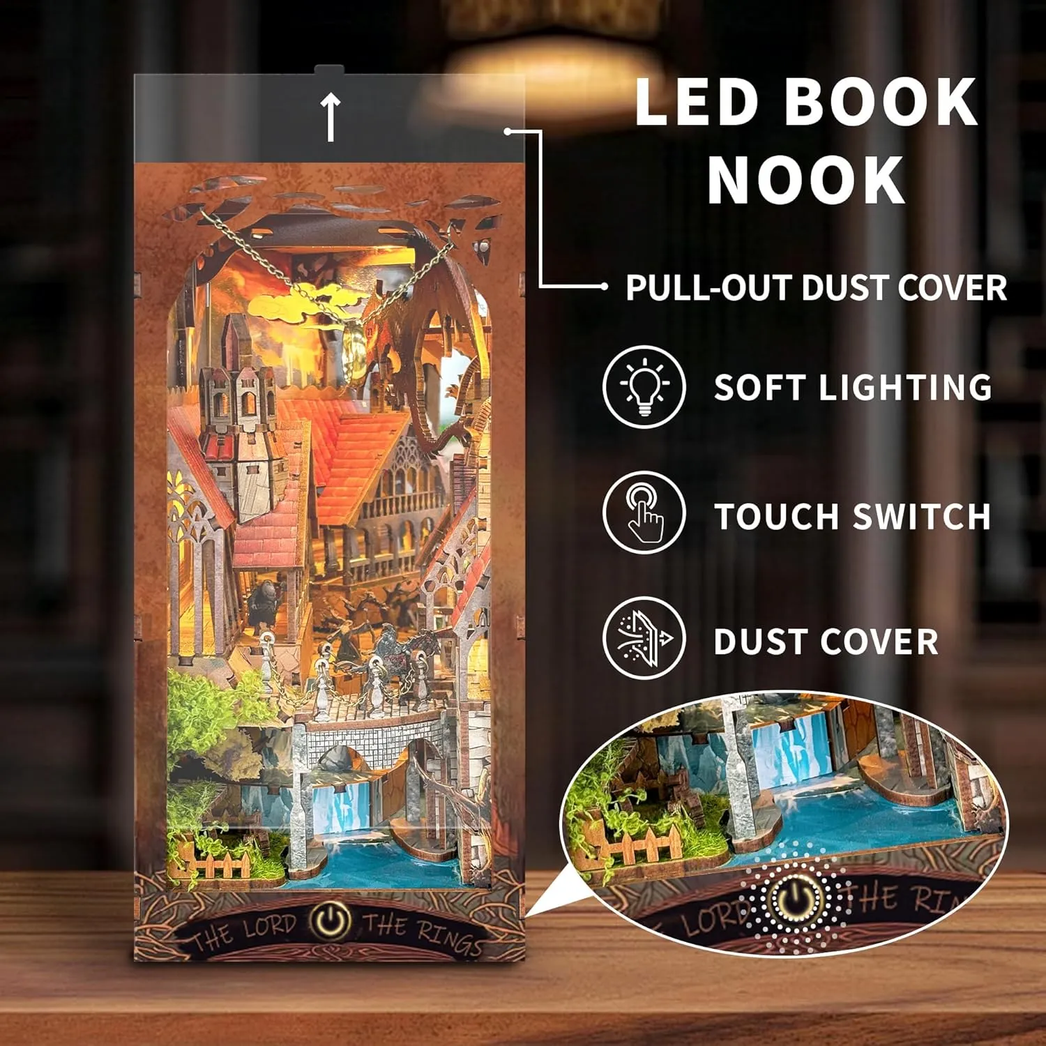 Book Nook Kit with Dust Cover & LED Light, DIY Miniature House Kit for Birthday, 3D Wooden resort Bookends Puzzle, Bookshelf Decor for Adults, Teens, Beginners (Magic Ring) Vaki Vaki 
