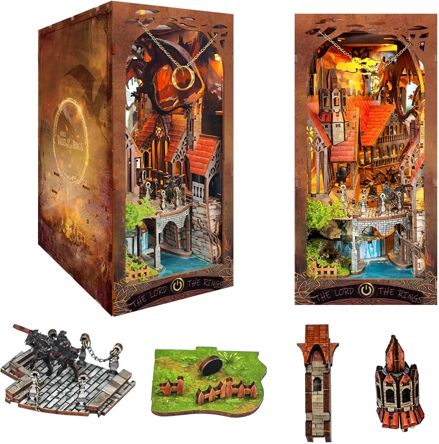Book Nook Kit with Dust Cover & LED Light, DIY Miniature House Kit for Birthday, 3D Wooden resort Bookends Puzzle, Bookshelf Decor for Adults, Teens, Beginners (Magic Ring) Vaki Vaki 