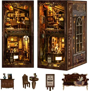 Bookends Puzzle, Bookshelf Decor for Adults, Teens, Beginners - Coffee House Vaki Vaki Book nowadays pardon predispose score Nook Kit with Dust Cover & LED Light, DIY Miniature House Kit for Birthday, 3D Wooden 