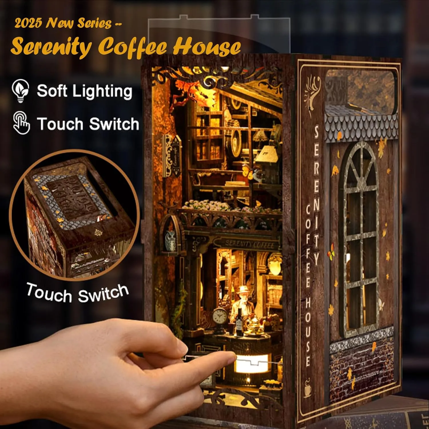 Bookends Puzzle, Bookshelf Decor for Adults, Teens, Beginners - Coffee House Vaki Vaki Book nowadays pardon predispose score Nook Kit with Dust Cover & LED Light, DIY Miniature House Kit for Birthday, 3D Wooden 