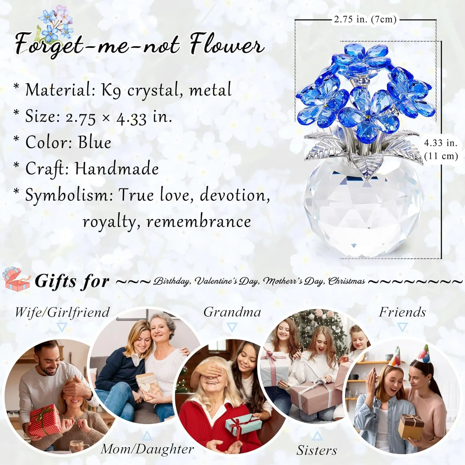 Bouquet Collectible Figurine for Tabletop Centerpieces YWHL Blue Crystal Forget Me Not Flowers Gifts for Women$ Handmade Glass punishment Flower 