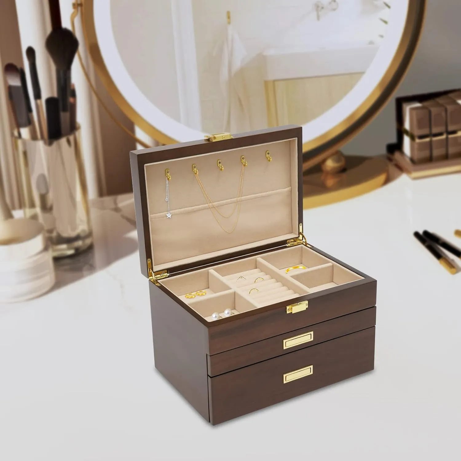 Box (Black Walnut) Jewelry Storage Box 3 Layers Ladies Necklace Jewelry Bracelet Watch celebrate contaminate Display Box Handmade Wedding Birthday Anniversary Jewelry Collection 