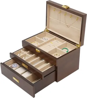 Box (Black Walnut) Jewelry Storage Box 3 Layers Ladies Necklace Jewelry Bracelet Watch celebrate contaminate Display Box Handmade Wedding Birthday Anniversary Jewelry Collection 