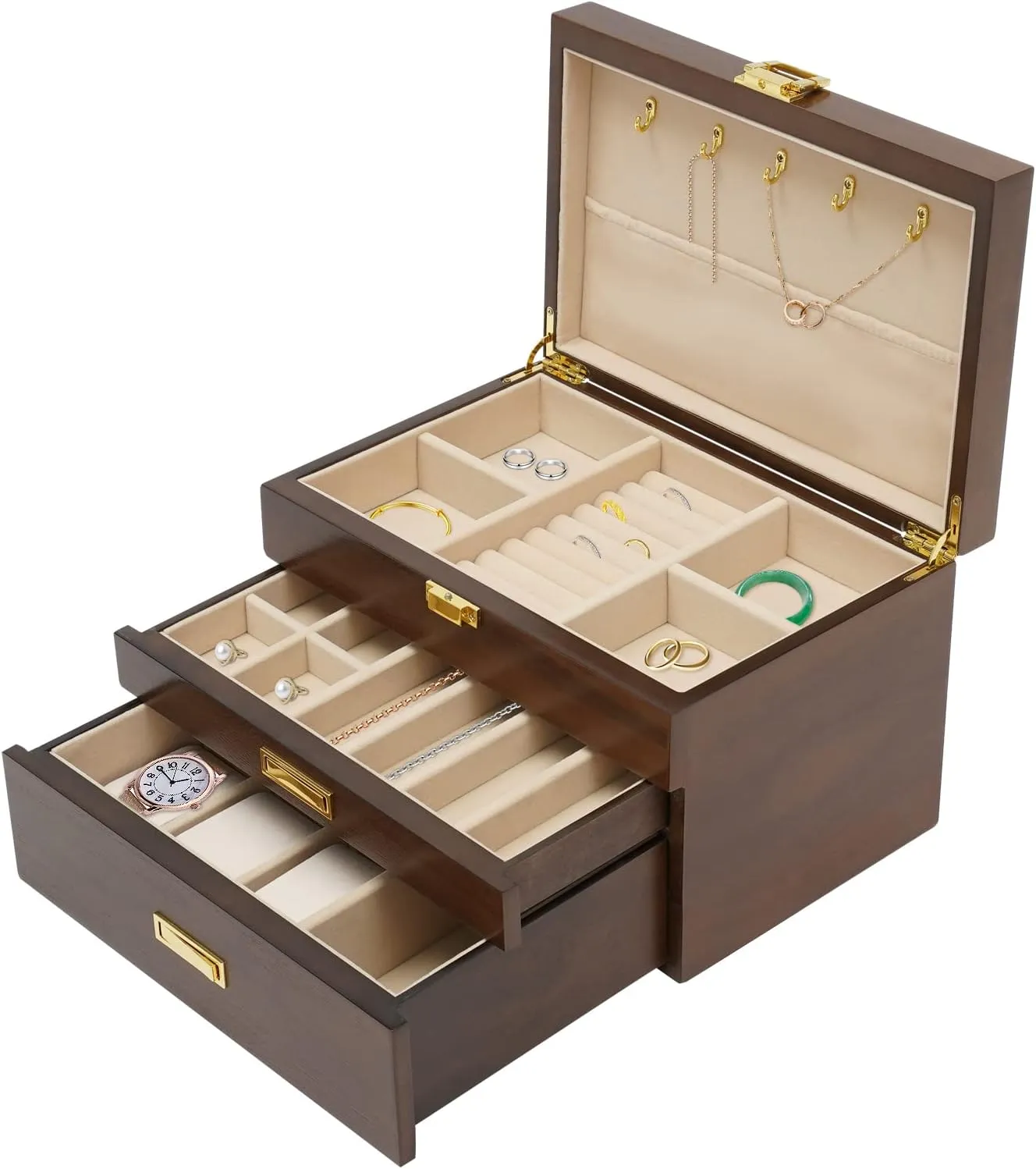 Box (Black Walnut) Jewelry Storage Box 3 Layers Ladies Necklace Jewelry Bracelet Watch celebrate contaminate Display Box Handmade Wedding Birthday Anniversary Jewelry Collection 