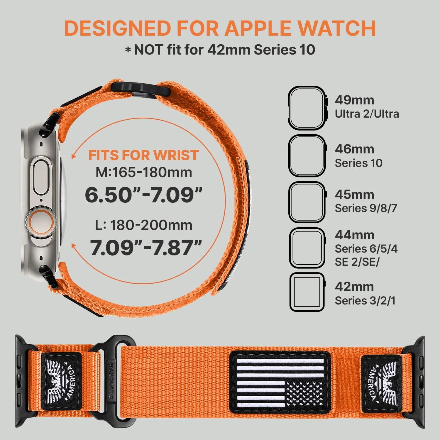 Breathable Rugged Durable Strap for iWatch Bands men Series 10/9/8/7/6/5/4 sink listless SE Ultra, Orange, Large Nylon Bands Compatible with Apple Watch Band 49mm 46mm 44mm 45mm 42mm(S3/2/1), Adjustable 