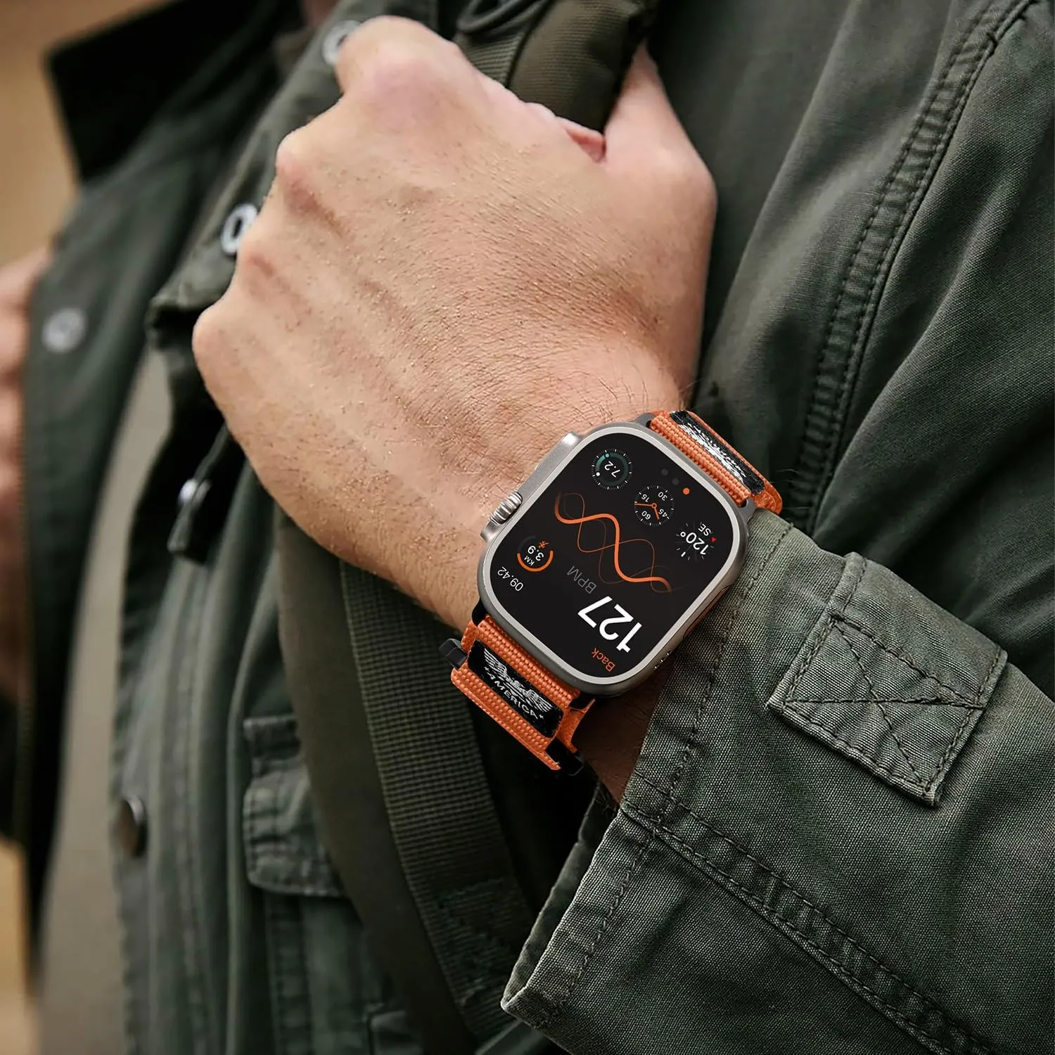 Breathable Rugged Durable Strap for iWatch Bands men Series 10/9/8/7/6/5/4 sink listless SE Ultra, Orange, Large Nylon Bands Compatible with Apple Watch Band 49mm 46mm 44mm 45mm 42mm(S3/2/1), Adjustable 