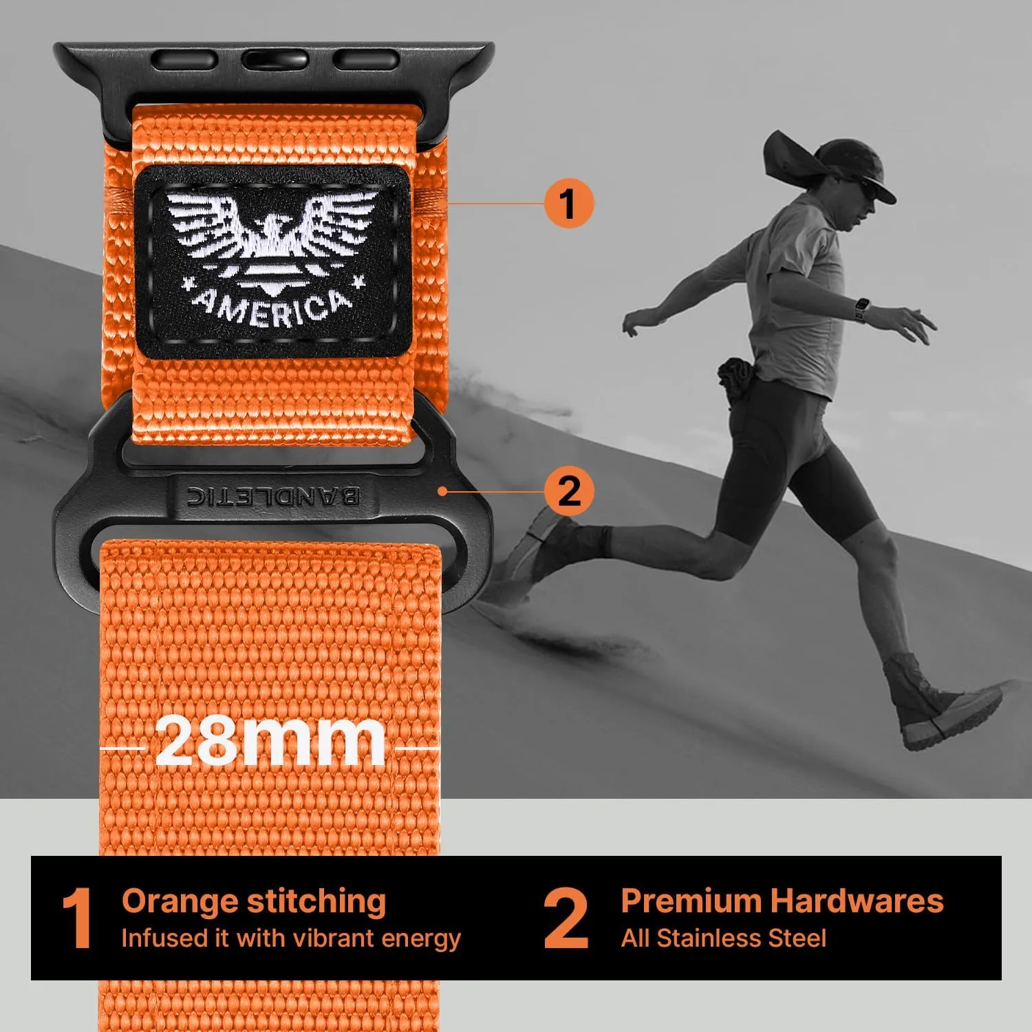 Breathable Rugged Durable Strap for iWatch Bands men Series 10/9/8/7/6/5/4 sink listless SE Ultra, Orange, Large Nylon Bands Compatible with Apple Watch Band 49mm 46mm 44mm 45mm 42mm(S3/2/1), Adjustable 