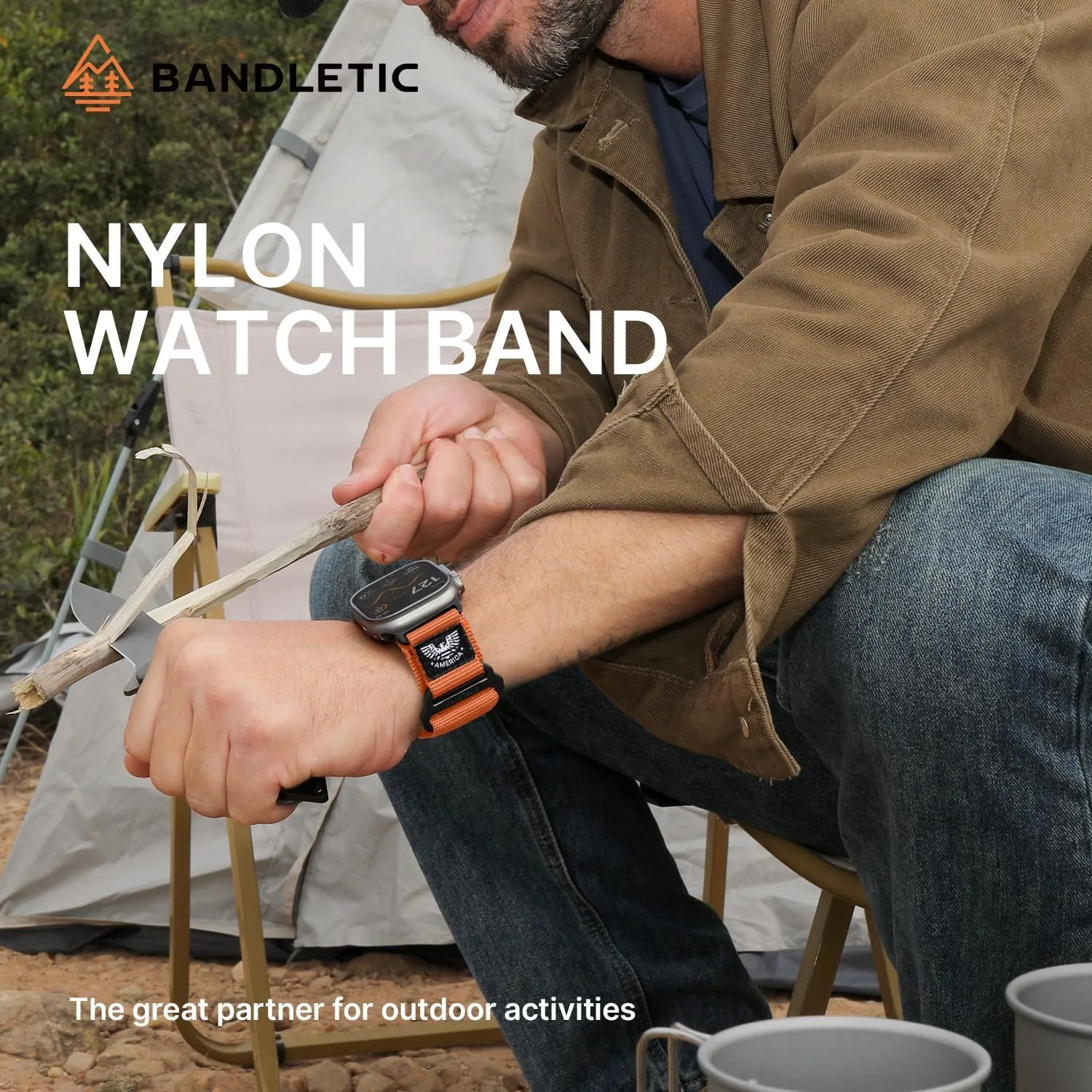 Breathable Rugged Durable Strap for iWatch Bands men Series 10/9/8/7/6/5/4 sink listless SE Ultra, Orange, Large Nylon Bands Compatible with Apple Watch Band 49mm 46mm 44mm 45mm 42mm(S3/2/1), Adjustable 