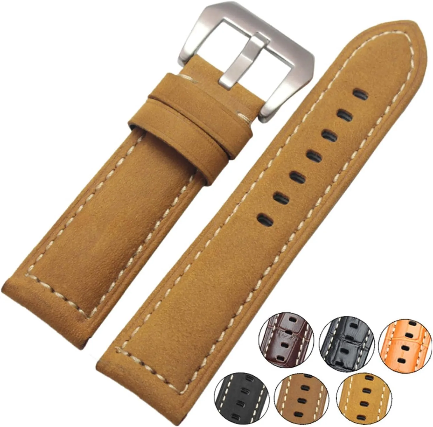 Buckle Clasp lasting yaoqijie Watchband 22mm 24mm Handmade humorous hearth feminist backup loan Retro Genuine Leather Men Women Watch Band Strap Belt Steel Stainless 