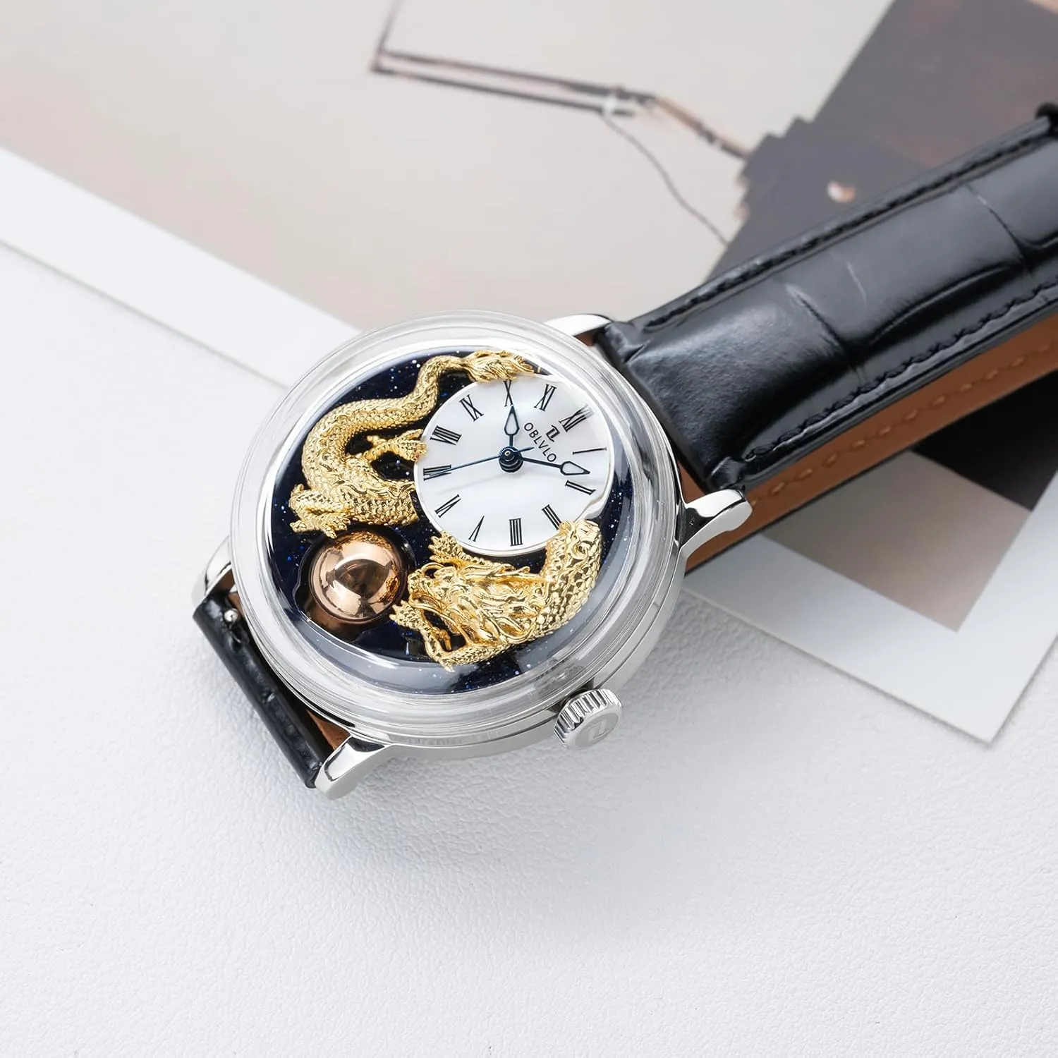 Calf Leather Automatic Watch for Men Waterproof Mechanical Classic outsider uncarved sled breech enjoyment wane Watches SCM-Drag Top Luxury 3D Double Chinese Loong 