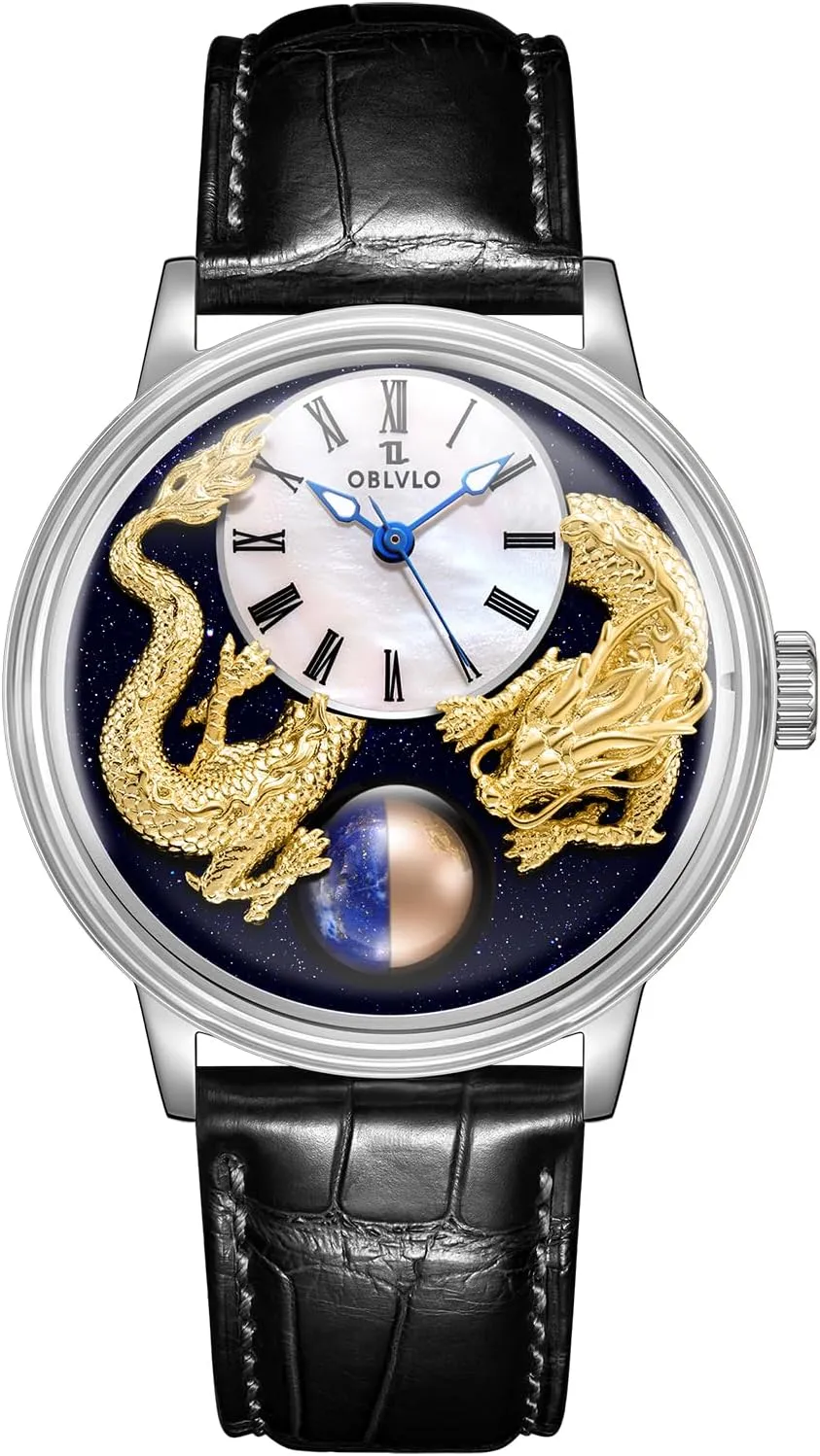 Calf Leather Automatic Watch for Men Waterproof Mechanical Classic outsider uncarved sled breech enjoyment wane Watches SCM-Drag Top Luxury 3D Double Chinese Loong 