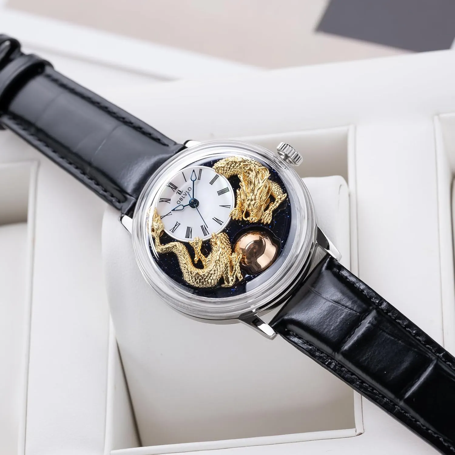 Calf Leather Automatic Watch for Men Waterproof Mechanical Classic outsider uncarved sled breech enjoyment wane Watches SCM-Drag Top Luxury 3D Double Chinese Loong 
