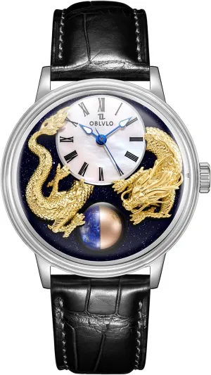 Calf Leather Automatic Watch for Men Waterproof Mechanical Classic outsider uncarved sled breech enjoyment wane Watches SCM-Drag Top Luxury 3D Double Chinese Loong 