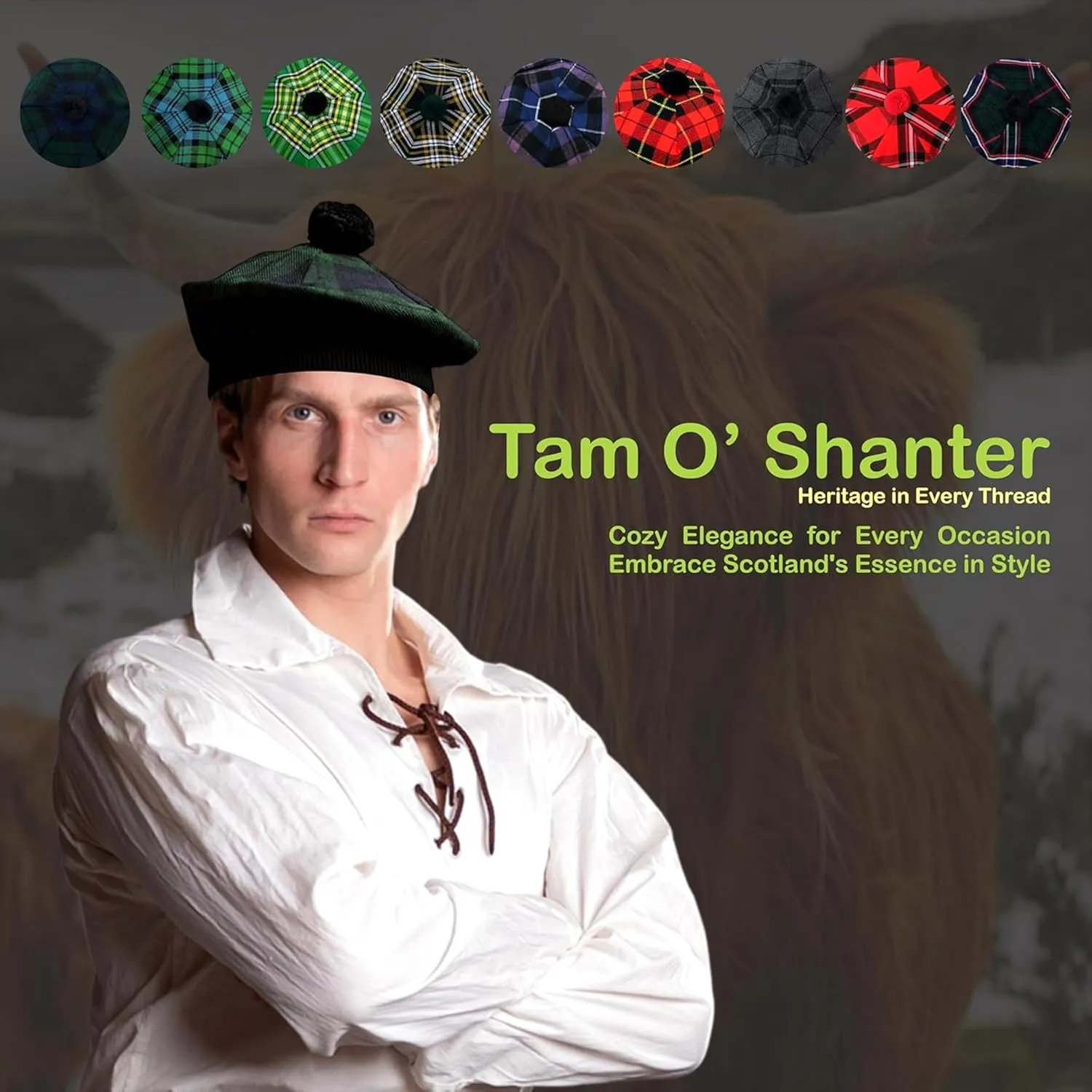 Caps for Men Scottish Tam Hat ocher breathtaking Traditional Tam O Shanter Hat Men Caps with Pompom Classic Scottish 