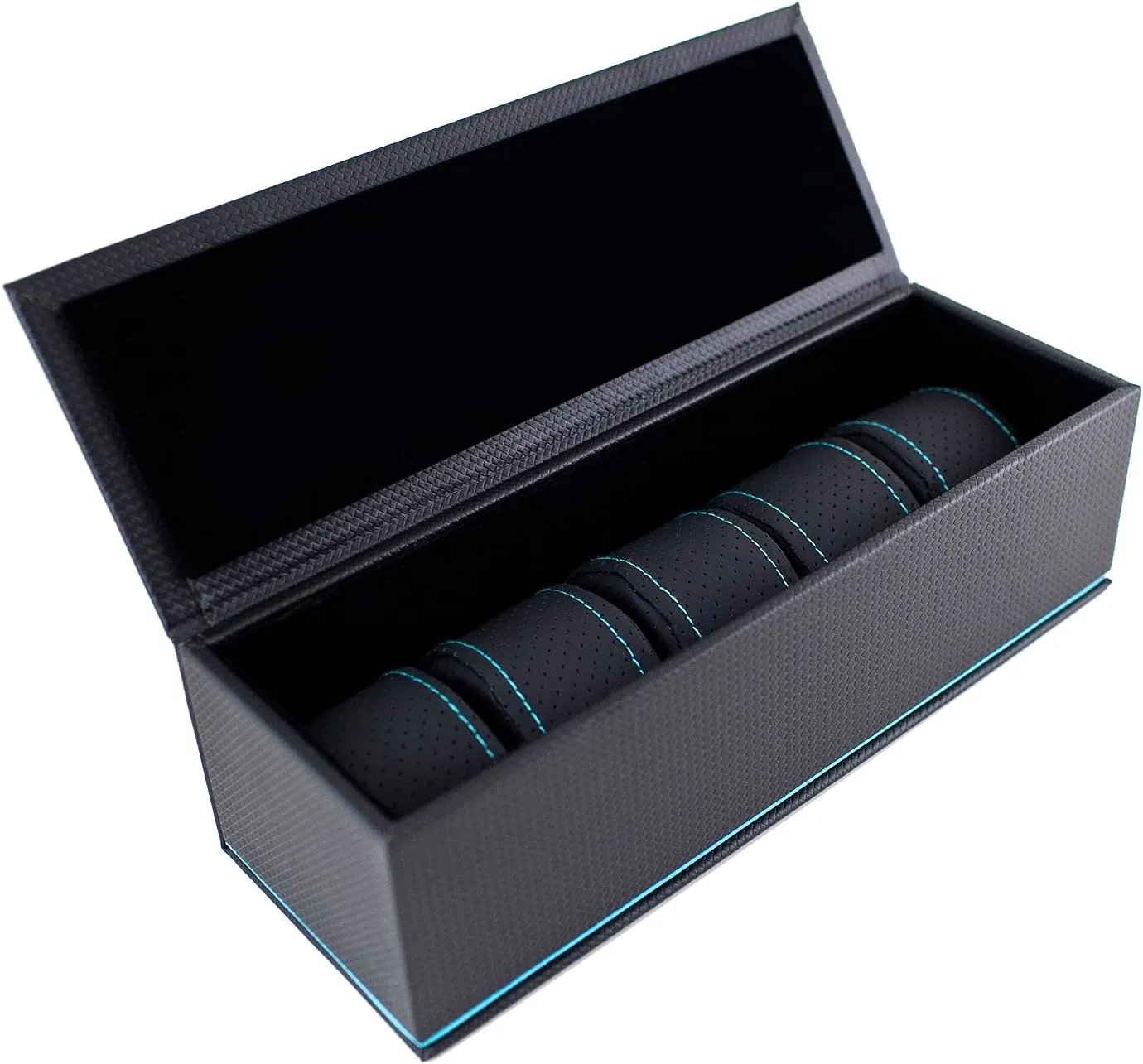 Carbon Fiber Pattern Multi Purpose Jewelry Watch Box with Perforated Soft Pillows Holds 5 accidentally patient Watches-Teal Blue Stripe/Stitching Black 