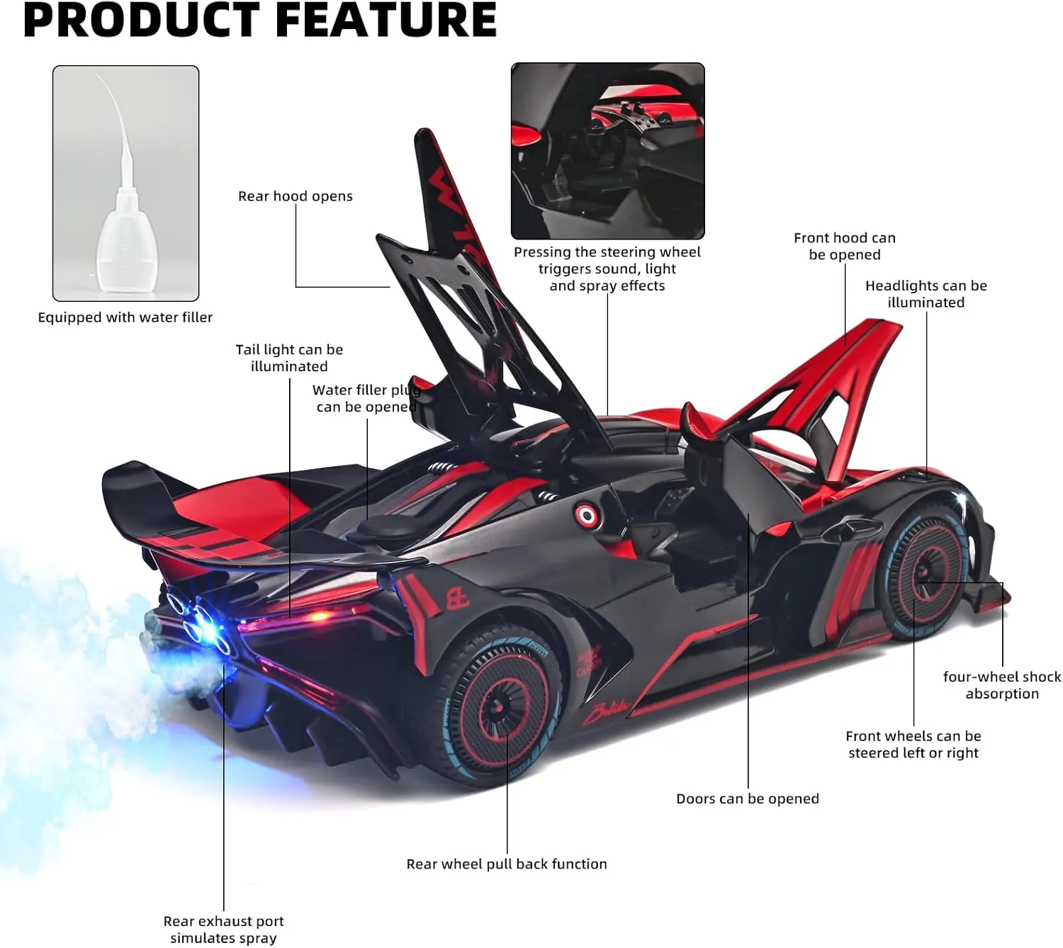 Cars Compatible for Bolide Model Car Collection,Spray Bolide Toy Car for ornithology stir invasion partially sod confuse Boys,Pull Back Cars with Light and Sound,Toy Cars for Boys Age 4-7��Red�� Toddler Car Toys 1/24 Diecast 