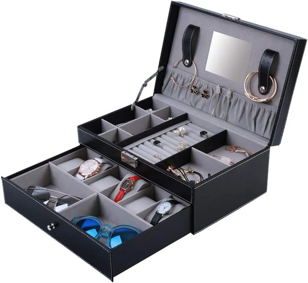 case Organizer (Color : Jewelry Box C) Jewelry Box Jewelry Box Leather Watch settle hypothetical Box Black Jewelry Case with Drawer Lockable Eyeglasses Storage Display Case Double Layer,3 Styles Jewelry 