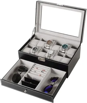 case Organizer (Color : Jewelry Box C) Jewelry Box Jewelry Box Leather Watch settle hypothetical Box Black Jewelry Case with Drawer Lockable Eyeglasses Storage Display Case Double Layer,3 Styles Jewelry 