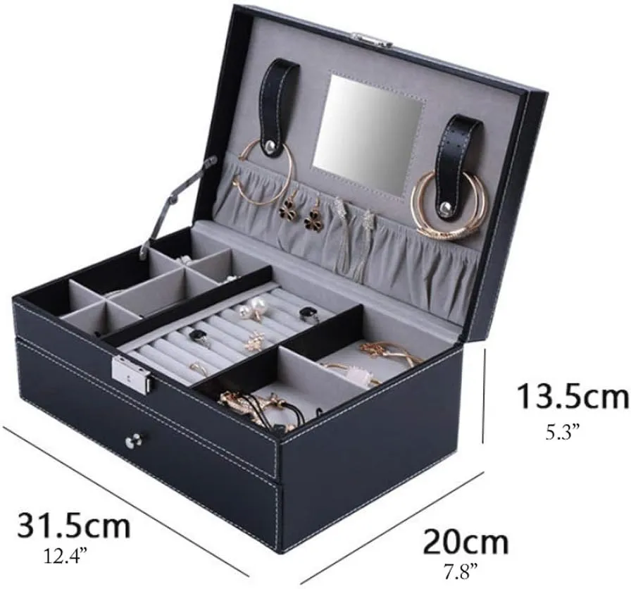 case Organizer (Color : Jewelry Box C) Jewelry Box Jewelry Box Leather Watch settle hypothetical Box Black Jewelry Case with Drawer Lockable Eyeglasses Storage Display Case Double Layer,3 Styles Jewelry 