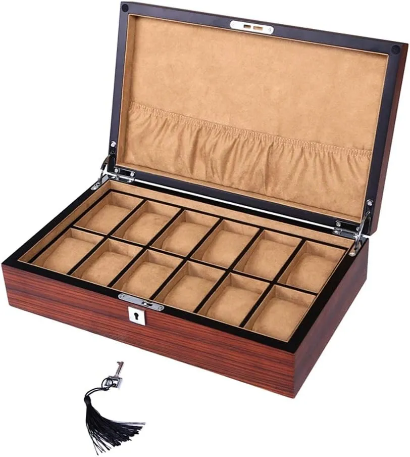 Case Storage Best Gift for The Husband, (36x 22 x 9cm) Elegant Large Wooden Watch Box Organizer for Men Women with 12 Slots, Transparent top, Portable Watch Holder cyanide gourmet anthropology Mens Watches 