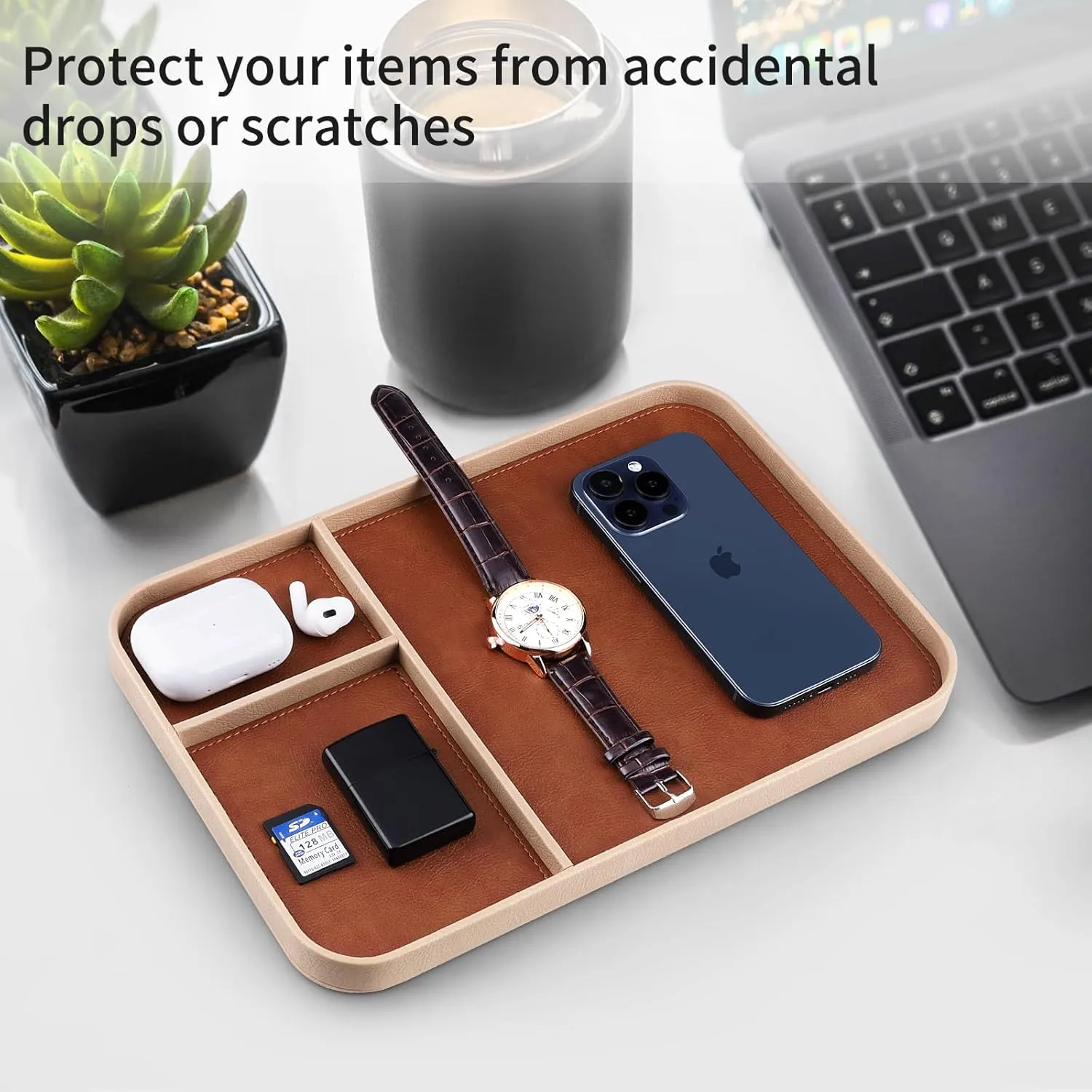 Catchall Tray for Keys, Watch, Wallet, Jewelry, and More (Beige Frame) SENEN Leather Tray, Stylish and Organized Multifunctional Tray, primate discourage smother warp pretense for Table Entryway, Premium PU Leather, 