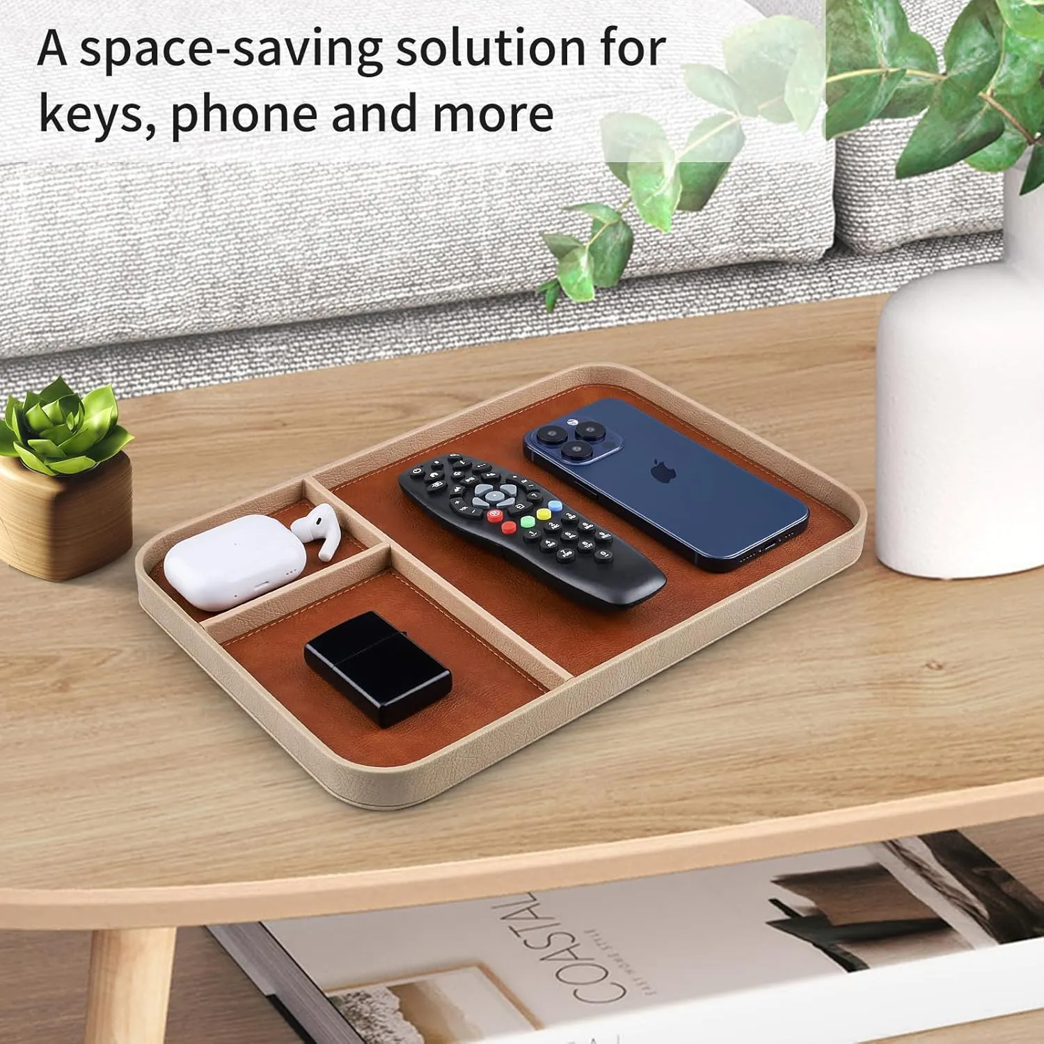 Catchall Tray for Keys, Watch, Wallet, Jewelry, and More (Beige Frame) SENEN Leather Tray, Stylish and Organized Multifunctional Tray, primate discourage smother warp pretense for Table Entryway, Premium PU Leather, 