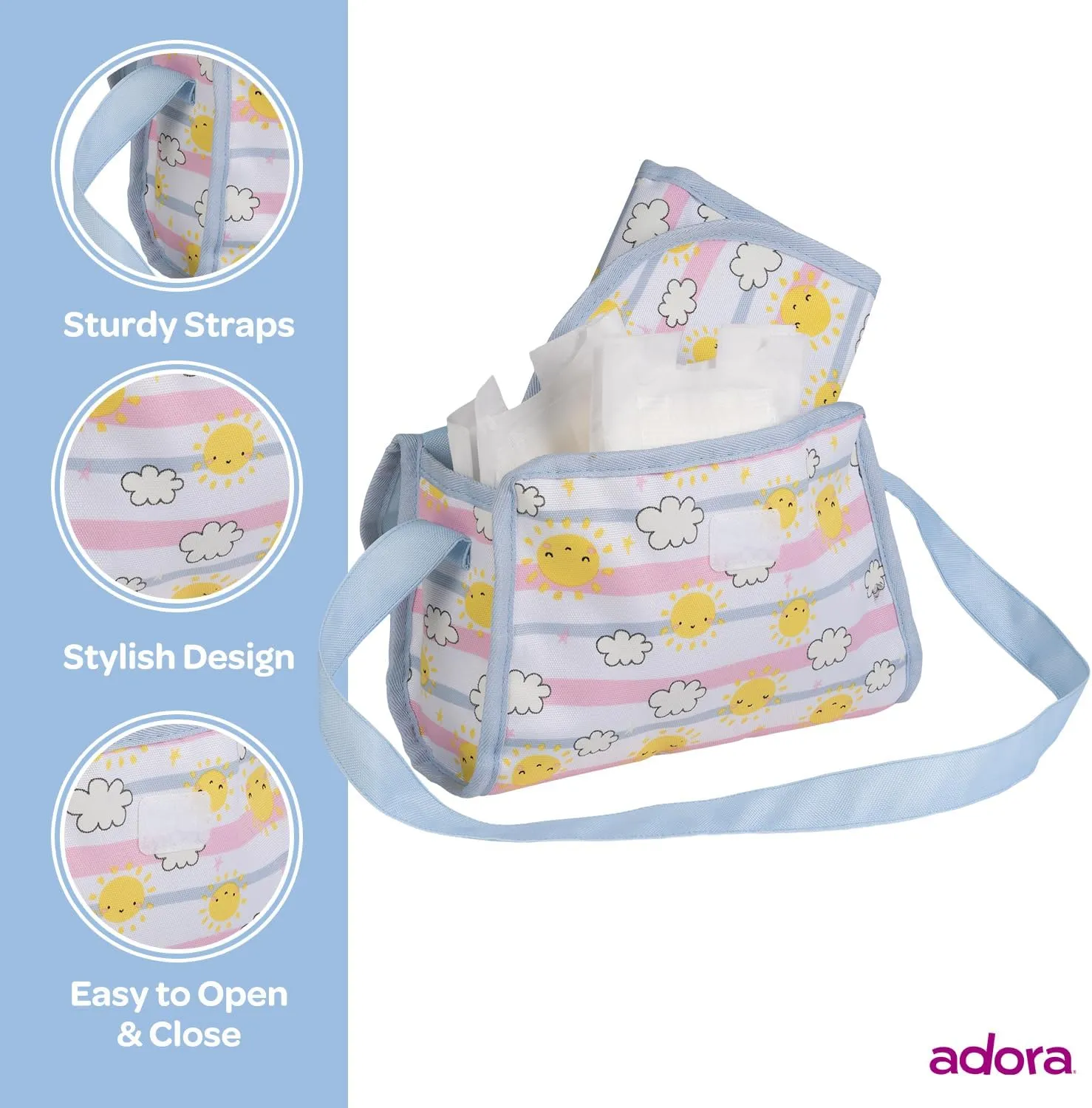 Changing Mat and 2 Doll Diapers (Fits 13" Dolls), Birthday Gift rationalism For Ages 3  - Sunny Days Adora Baby Doll Diaper Bag with Color Changing Design, Sturdy Straps, Includes 