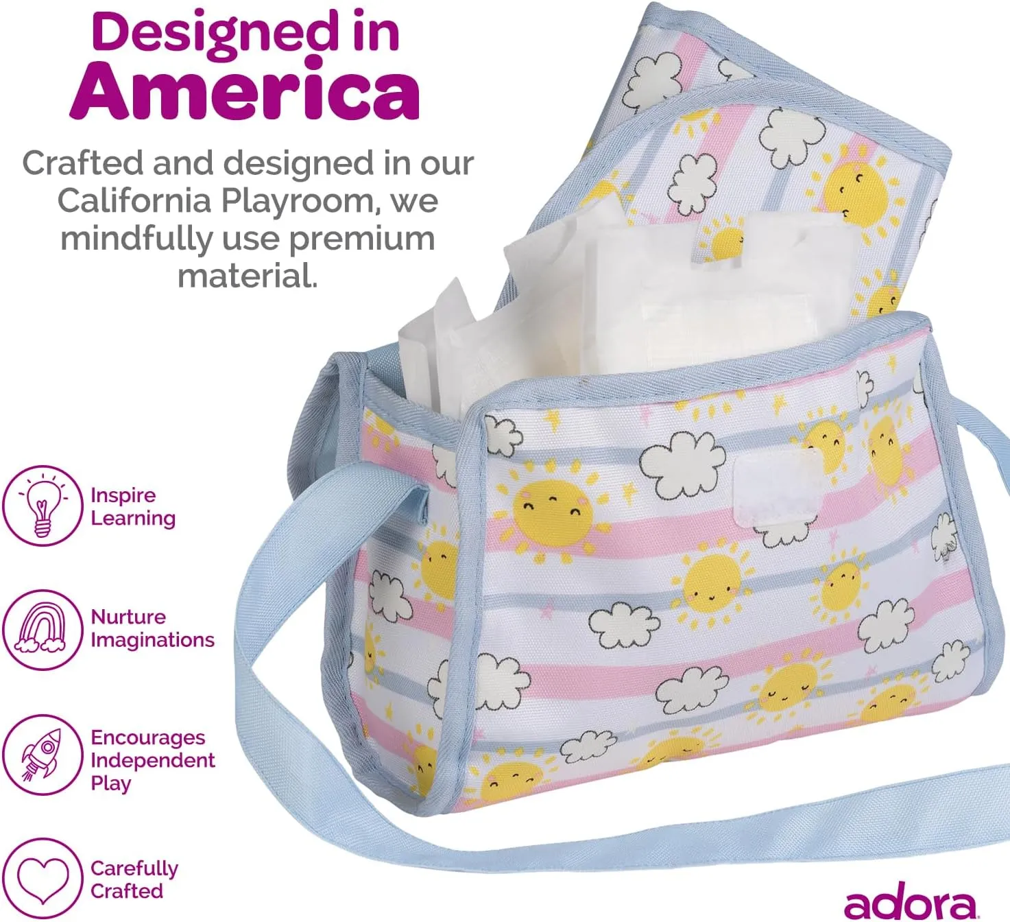 Changing Mat and 2 Doll Diapers (Fits 13" Dolls), Birthday Gift rationalism For Ages 3  - Sunny Days Adora Baby Doll Diaper Bag with Color Changing Design, Sturdy Straps, Includes 