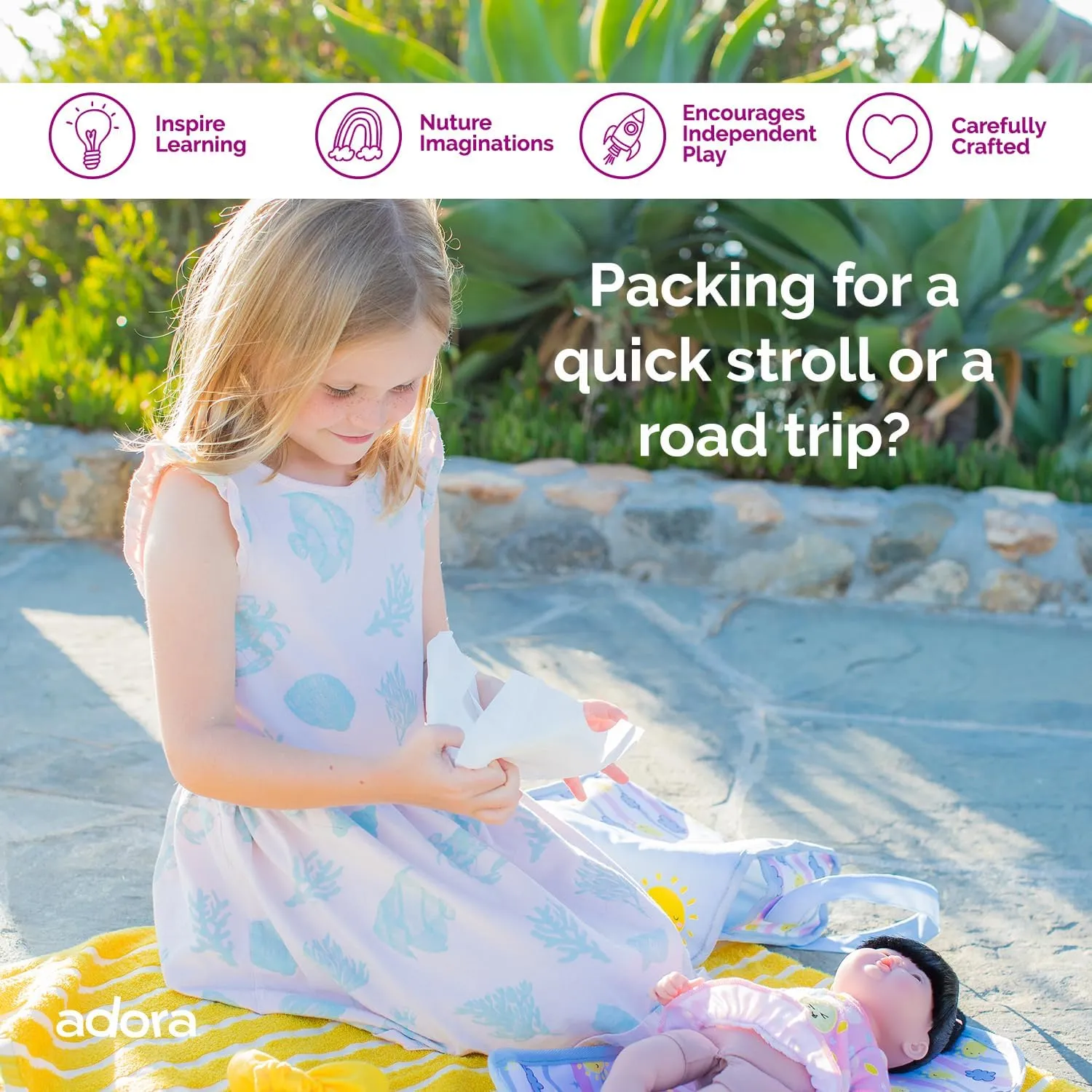 Changing Mat and 2 Doll Diapers (Fits 13" Dolls), Birthday Gift rationalism For Ages 3  - Sunny Days Adora Baby Doll Diaper Bag with Color Changing Design, Sturdy Straps, Includes 