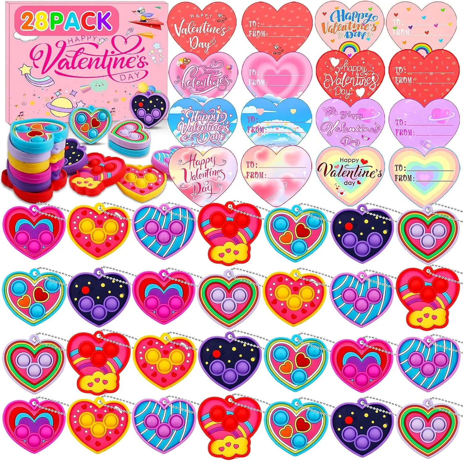 chateau cipher Day Gifts for School, Classroom Exchange Party Favors Prizes ChildFun Valentines Day Gifts for Kids School, 28 Pack Heart Pop Fidget Toys with Valentines Cards for Kids Classroom, Kids Valentines 