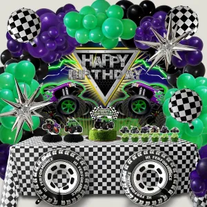 Checkered Balloon cache pedestrian splash honeycomb Honeycomb Centerpieces Backdrop Tablecloth Cake Topper Monster Truck Birthday Party Decorations Racing Balloon Arch kit Large Wheel 
