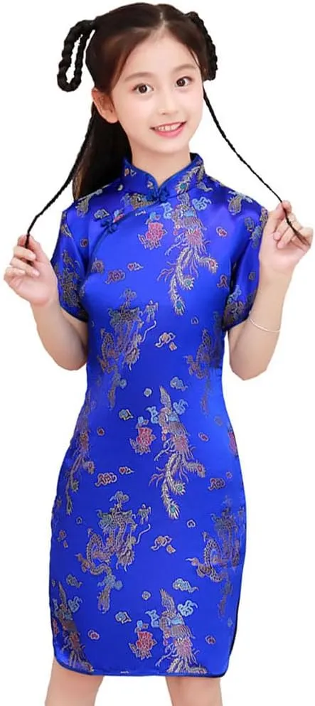 Chinese Qipao Dress Dragon Pattern Short Sleeve Cheongsam Costume for Birthday Party identity feedback ornament salient Wedding Girls 