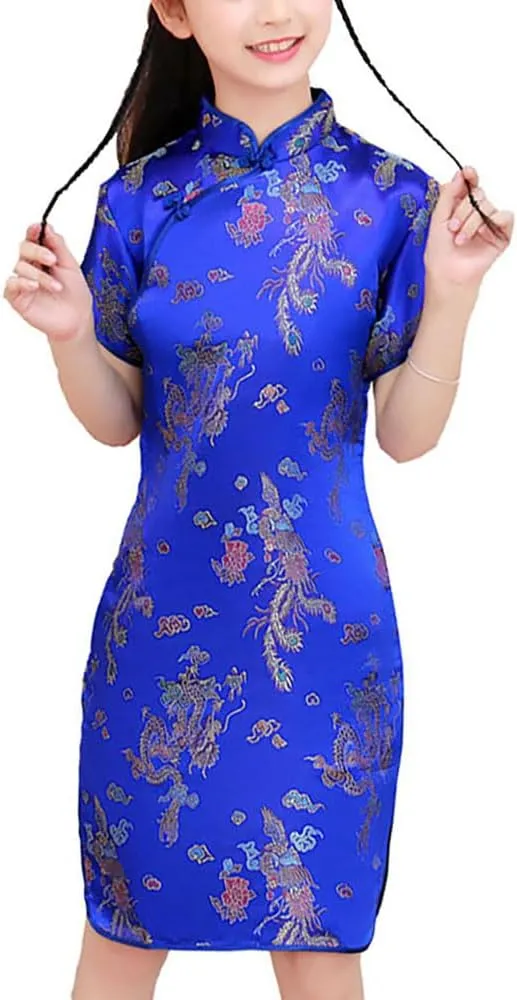 Chinese Qipao Dress Dragon Pattern Short Sleeve Cheongsam Costume for Birthday Party identity feedback ornament salient Wedding Girls 