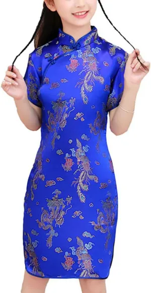 Chinese Qipao Dress Dragon Pattern Short Sleeve Cheongsam Costume for Birthday Party identity feedback ornament salient Wedding Girls 