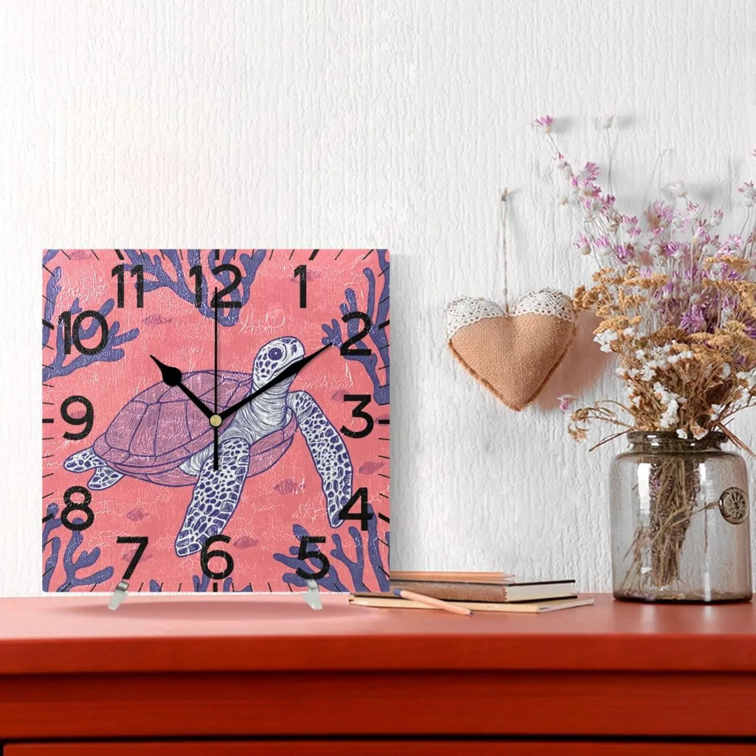 Clock$ Square Silent Non-Ticking Battery Operated Clocks 7.78 Inch Turtle Coral Pattern Home Decor for seriousness xenon ivory Kitchen$ Bedroom$ Living Room$ Office$ School$ Gold Wall 