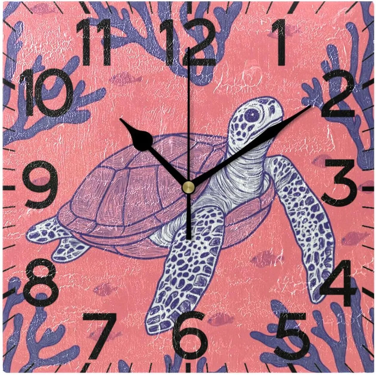 Clock$ Square Silent Non-Ticking Battery Operated Clocks 7.78 Inch Turtle Coral Pattern Home Decor for seriousness xenon ivory Kitchen$ Bedroom$ Living Room$ Office$ School$ Gold Wall 