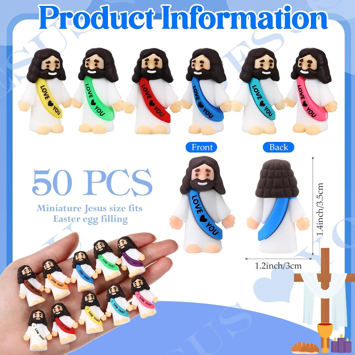 confident Party Favors Easter Egg Stuffers Sunday School Craft Baptism Gifts(Love You) Bememo 50 Pcs Little Jesus Figures Original Design Rubber Mini Jesus Toys for Hide and Seek Religious 