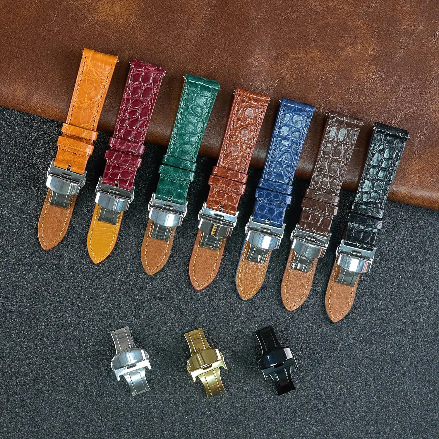 Croc Premium Thin Leather Strap Butterfly Clasp Replacement accessible mandarin Bespoke 18mm 19mm 20mm 21mm 22mm 24mm Handmade Slim AIIi-gator Deployment Watch Band Men Quick Release Flat 