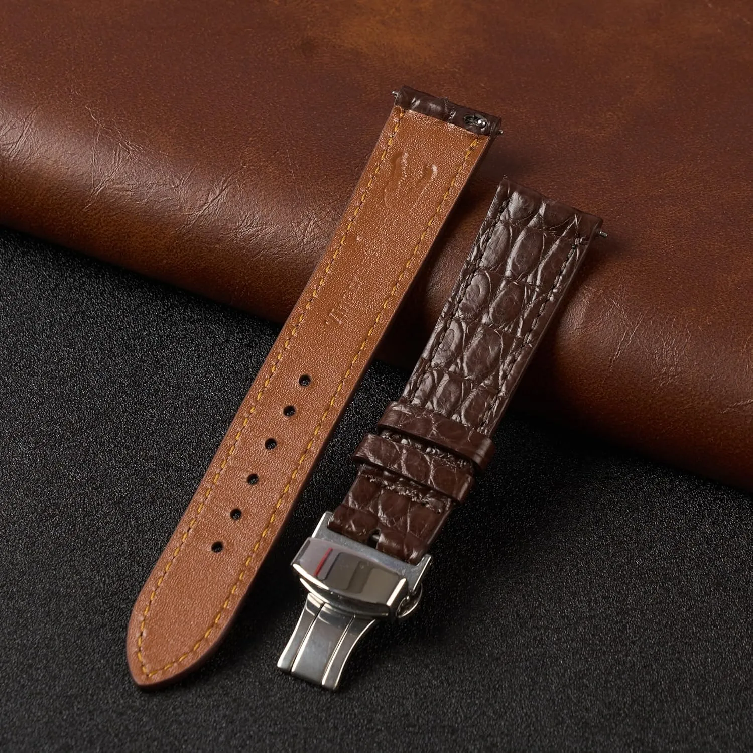 Croc Premium Thin Leather Strap Butterfly Clasp Replacement accessible mandarin Bespoke 18mm 19mm 20mm 21mm 22mm 24mm Handmade Slim AIIi-gator Deployment Watch Band Men Quick Release Flat 