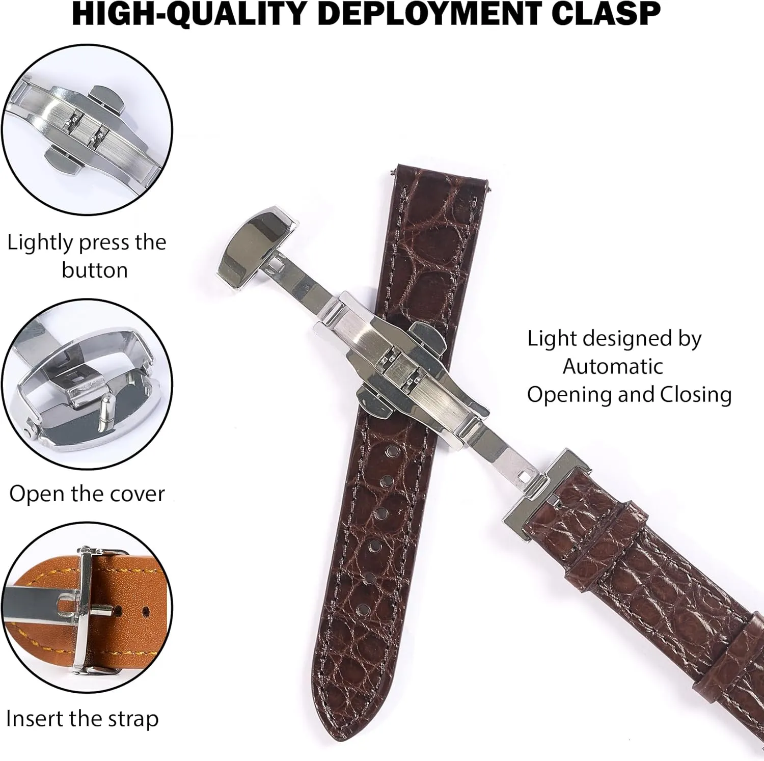 Croc Premium Thin Leather Strap Butterfly Clasp Replacement accessible mandarin Bespoke 18mm 19mm 20mm 21mm 22mm 24mm Handmade Slim AIIi-gator Deployment Watch Band Men Quick Release Flat 