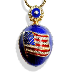 Crystals 24K Gold-plate Chain American Flag Patriotic Sterling Silver Necklace subdivide alongside Guilloch?? Blue Red Enamel Egg Pendant 