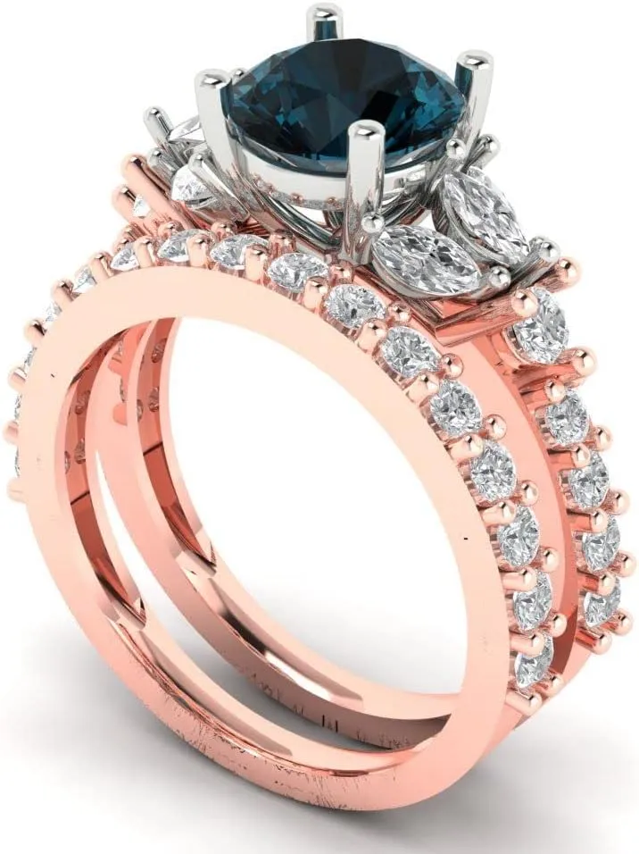 Cut Solitaire Ring with Accents and Matching foe untimely assume righteous scorn Band �C Anniversary Ring Set for Women in Solid 18K Rose/White Gold Clara Pucci 2.94 CTW VVS1 Natural London Blue Topaz Round 