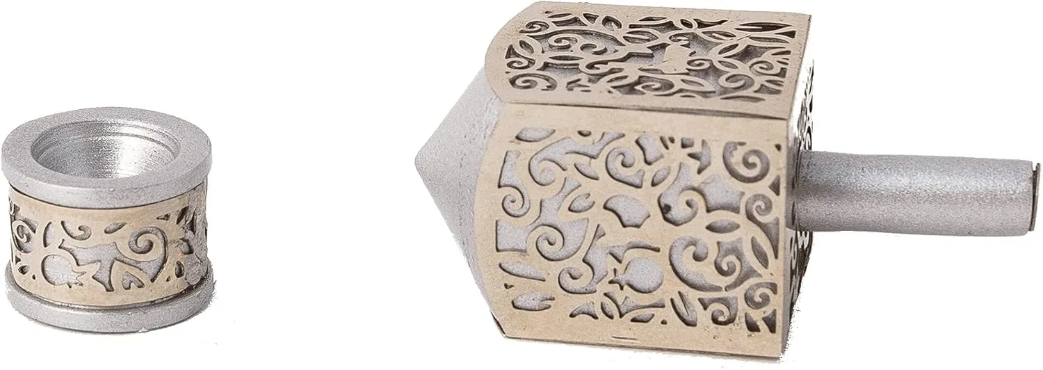 Cutout Design | Hanukkah Gift Jewish Decorations (Silver, Small) Yair Emanuel drawing Decorative Dreidel with Stand | Pomegranates 