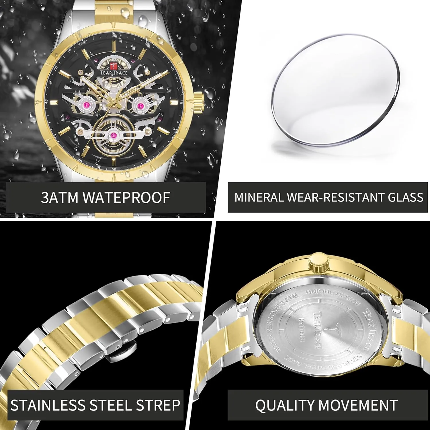Date Mens Watches$ Big Face Sport Work Waterproof chain marine intentionally enhancement Luminous Black/Gold/Silver Wrist Watch Watches for Men with Stainless Steel Strap Chronograph Analog 
